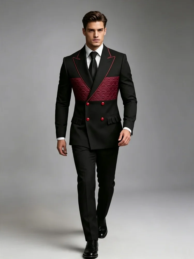 Men Black Double Breasted Blazer Burgundy Embossed Patch Red Piping Lapel Red Buttons Slim Fit Wedding Stage Party Groom Tuxedo