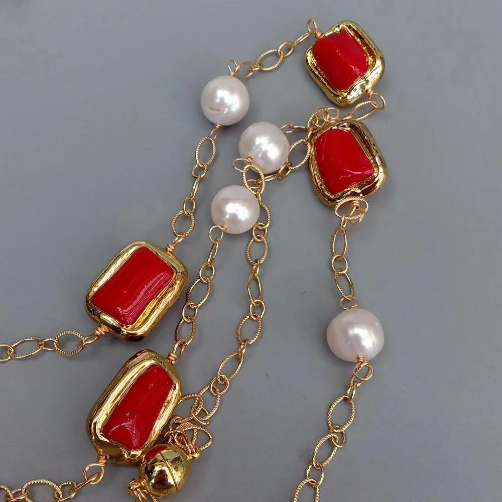 KKGEM  gold plated chain 15x20mm Red Coral natural Freshwater Cultured White Pearl Statetion Long Necklace 30