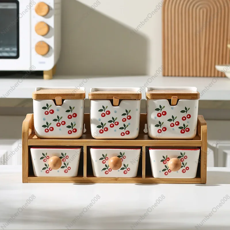 Double - Layered Cherry Seasoning Box Set - Home Kitchen Spice Jar Set for Salt, Monosodium Glutamate Storage
