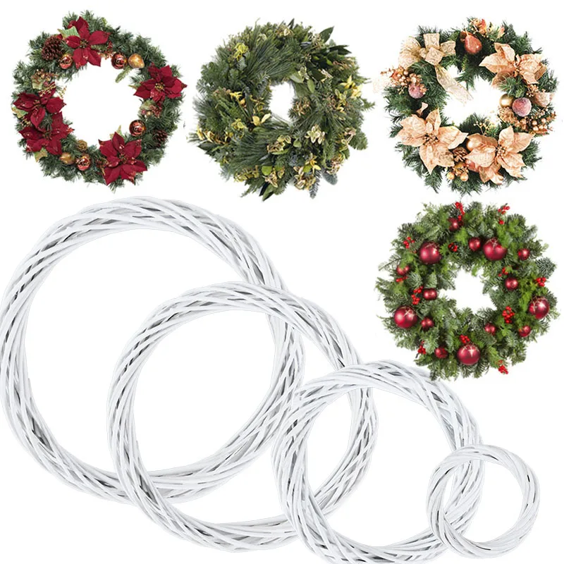 10/20/25/30cm Christmas Wreath Rattan Ring White Wicker Wreath Artificial Flowers Garland For Wedding Xmas Home Decor New Year