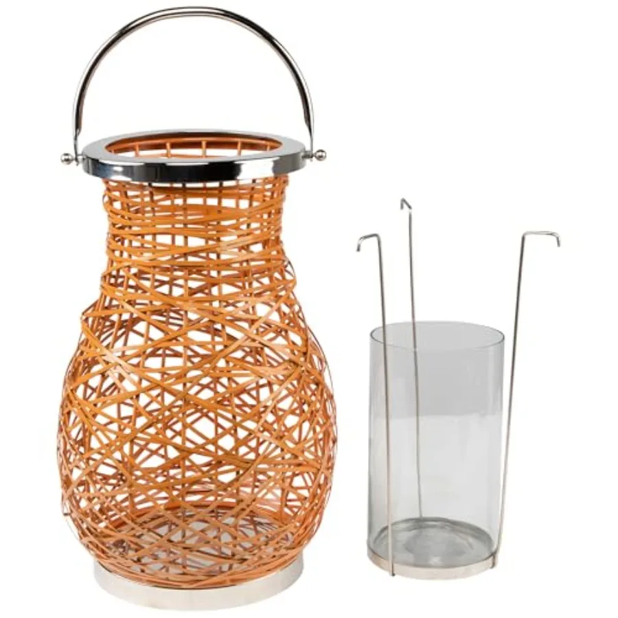 16.25 Lanterna a candela moderna con pilastro in ferro intrecciato decorativo arancione con uragano in vetro per linguetta interna ed esterna per soggiorno, camera da letto