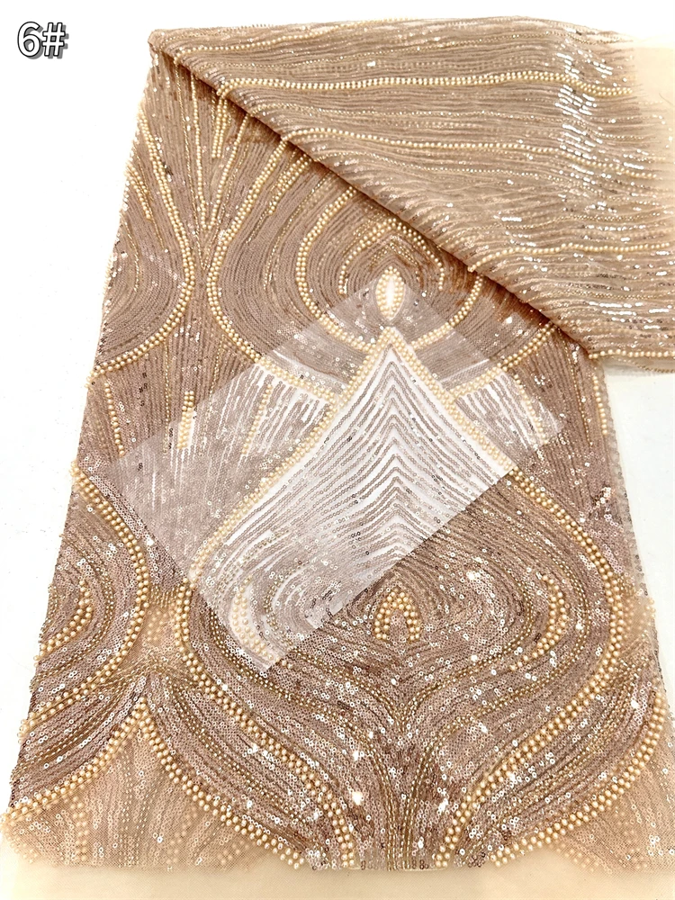 

French Lace Fabrics 2025 High Quality African Beaded Embroidered Nigerian Sequins Tulle Lace 5 Yards For Sewing Party Dresses