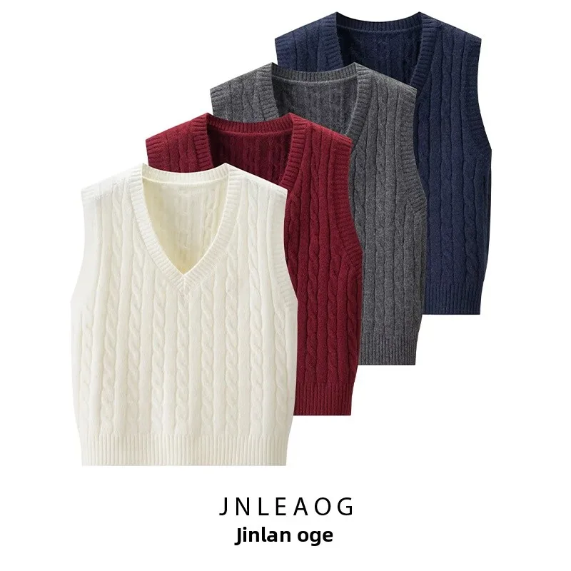JNLEAOG Rompi Rajut Wanita Musim Gugur Model Kampus Kerah V Bordir Huruf Twist Faion Outerwear Serat Poliester