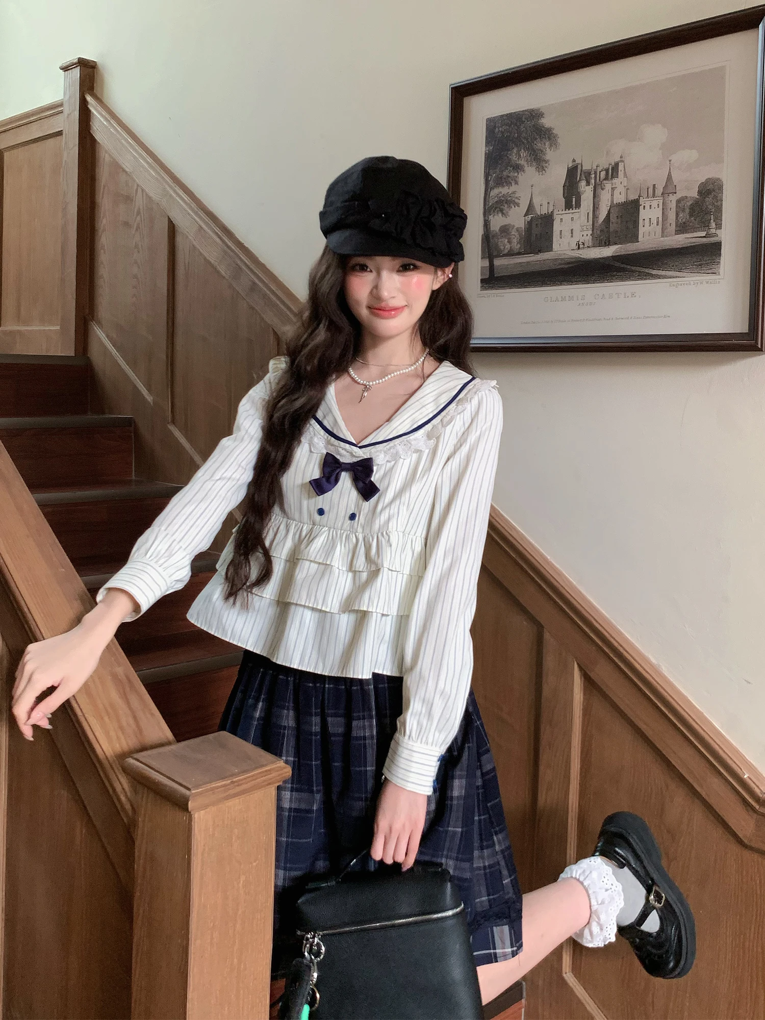 

Sweet Sle темно-синий комплект с воротником и юбкой для женщин, комплект из двух предметов, осеннее новое поступление, элегантное и молодежное модное