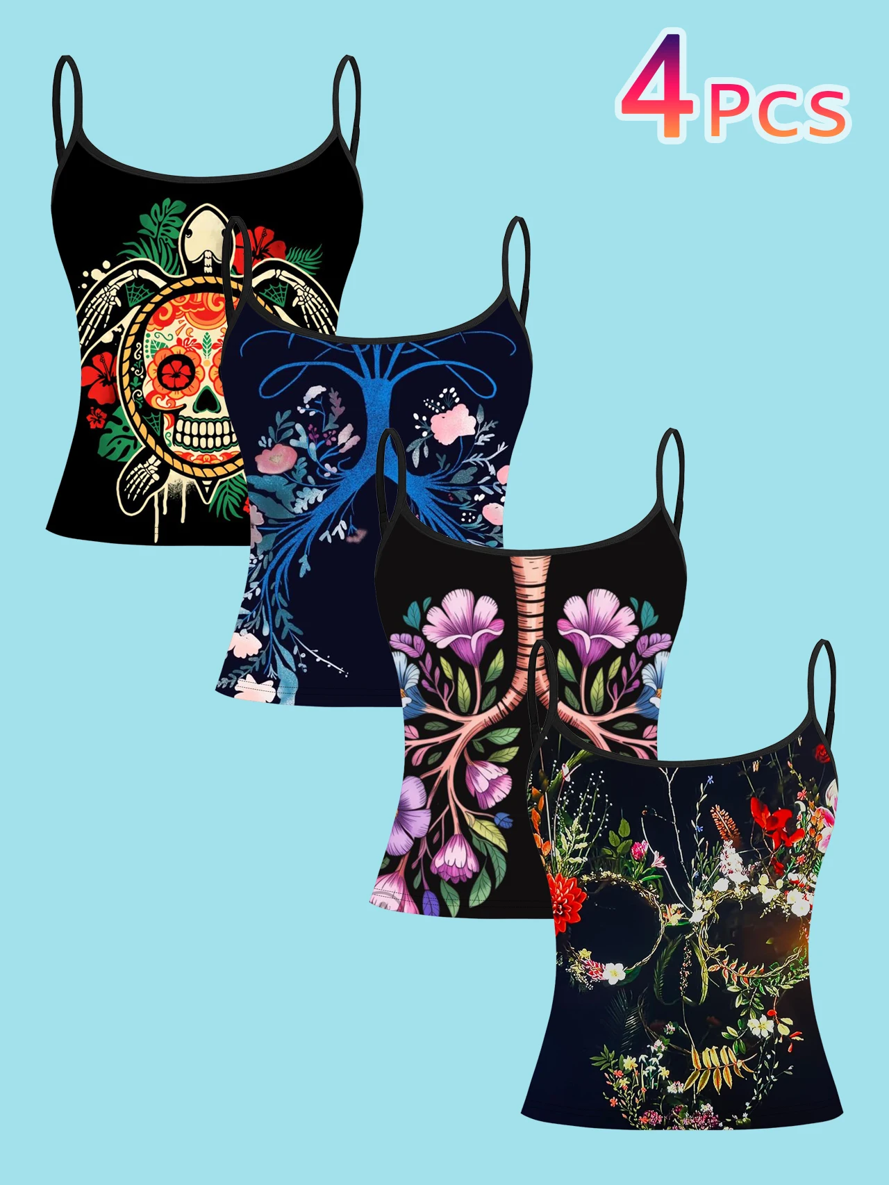 4-Piece Set of Artistic Style Women's Camisoles with Turtle, Sugar Skull, Tree of Life, Lung, Floral, and Skull Prints, Slim-Fit Spaghetti Strap Short Camisole Tops