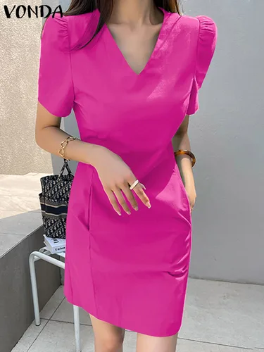 Imagen 2 del producto VONDA-minivestido de verano para mujer, vestido veraniego de fiesta de manga corta abombada, Sexy, con cuello de pico, informal, holgado, liso, con cremallera, 2024