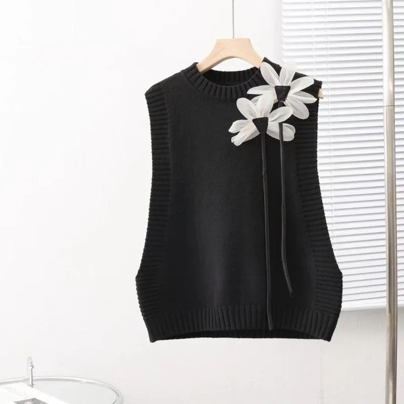 Women\'s Autumn Floral Pullover Round Neck Vest All-match Pullover Knitted Fashion Bright Line Decoration Sleeveless Sweater Tops