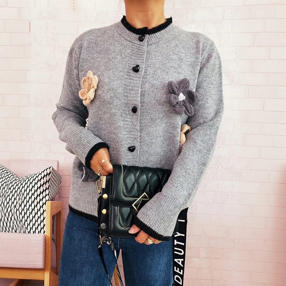 

Кардиган с длинным рукавом и круглым вырезом, осенне-зимняя одежда, украшение на пуговицах, свободный крой, женский трикотаж с открытой передней частью