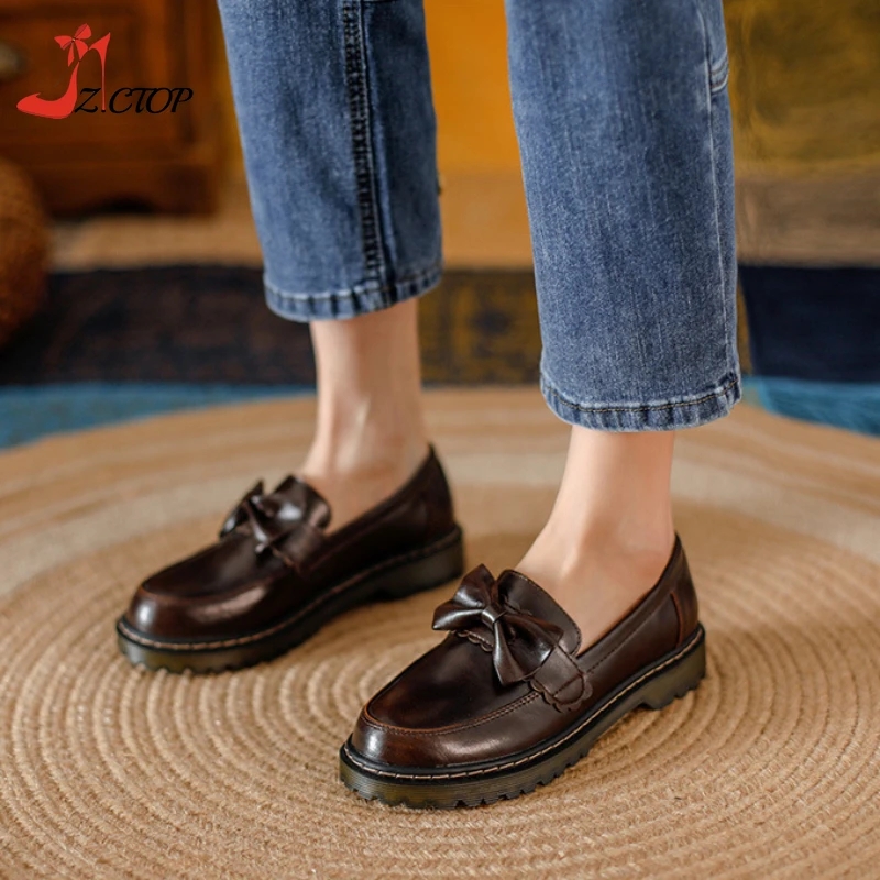 British Style Platform Loafers Women Slip On Bow Soft Sole Thick Heel Retro Leather Shoes Japanese College Lolita Shoes Black