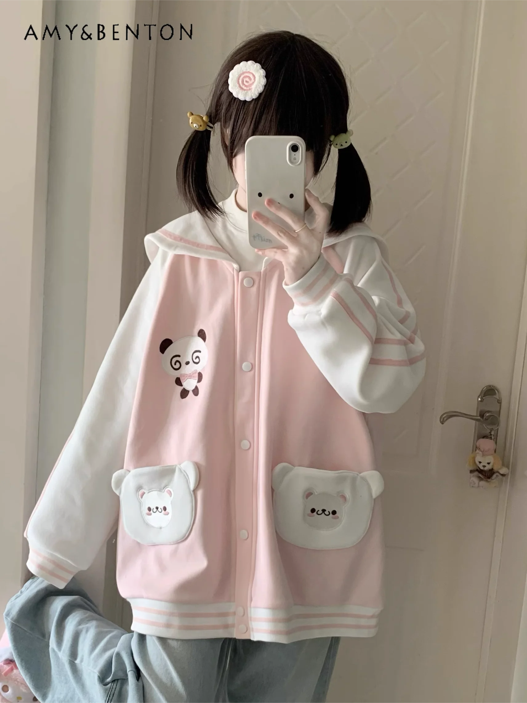 

Cute Cartoon Panda Embroidered Long-sleeved Baseball Jacket Sweet Navy Collar Bear Ears Hooded Loose Casual Coat Women Kawaii