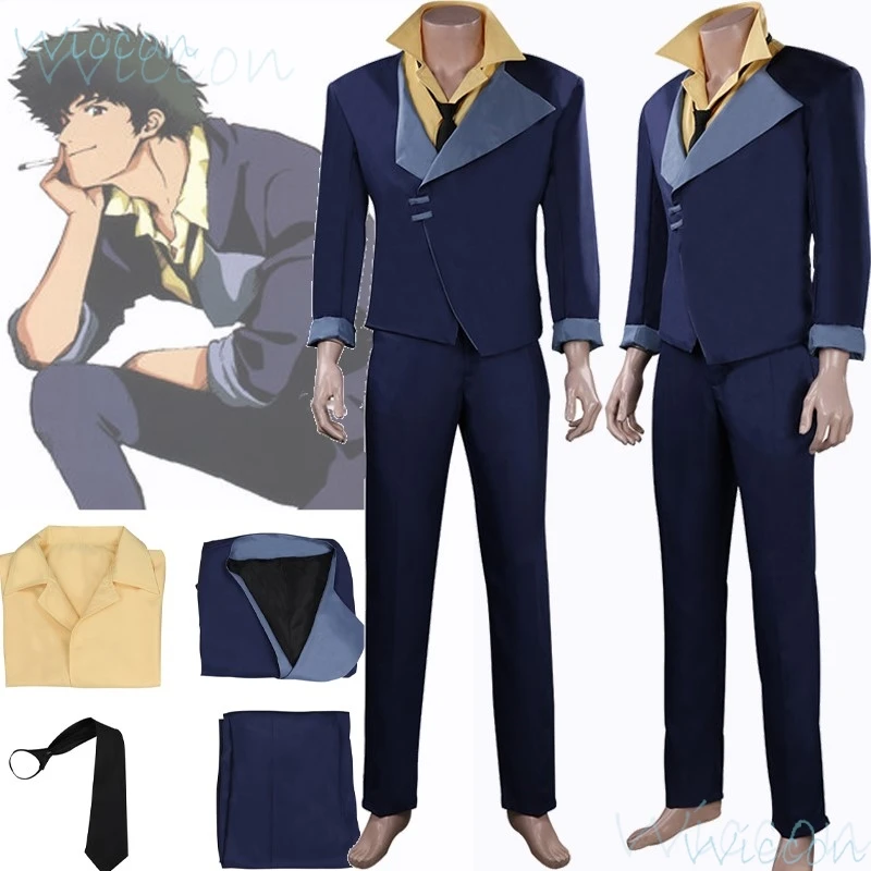 Anime Spike Spiegel Cowboy Bebop Cosplay BEBOP Comic-Con Cosplay Costume Prop Navy Blue Black Uniform Suit Tie Coat Party Men