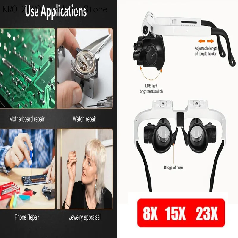 1PCS Magnifying Glass 8X/15X/23X Jeweler Watchmaker With LED Light Telescopic Headband Magnifier Glasses Reading Loupes Eyewear✨