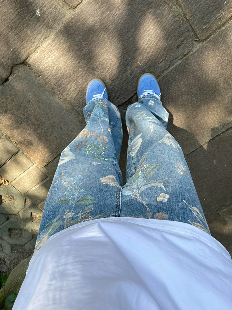 

Мужские джинсы с цветочным принтом для ранней осени, широкие брюки свободного кроя, молодежные, модные, повседневные, с высокой талией, из денима