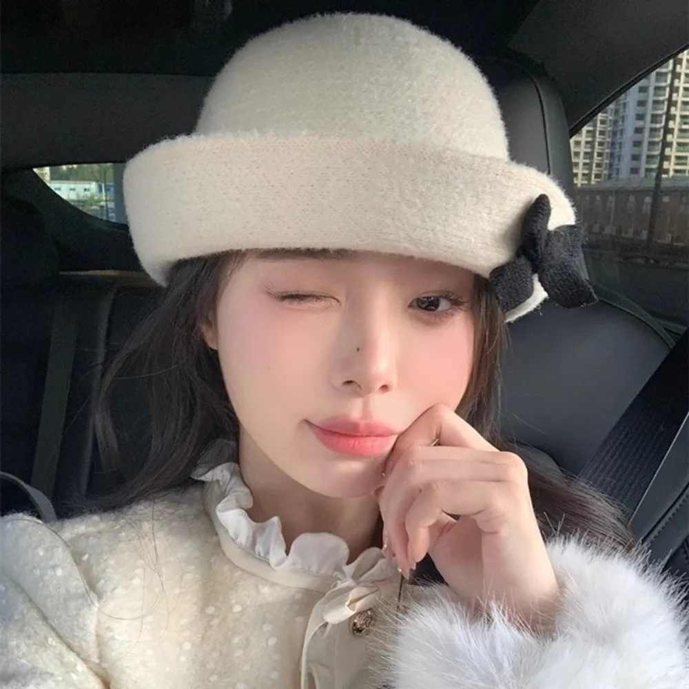 

Fashion Solid Color Bow Bucket Cap Knit Korean Style Woolen Fishing Cap Y2k Roll Brims Women Bucket Hat Spring Summer