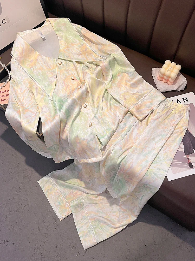 New Sweet High Quality  Silk Sleepwear Long Sleeve Long Pants Home Clothing Set
