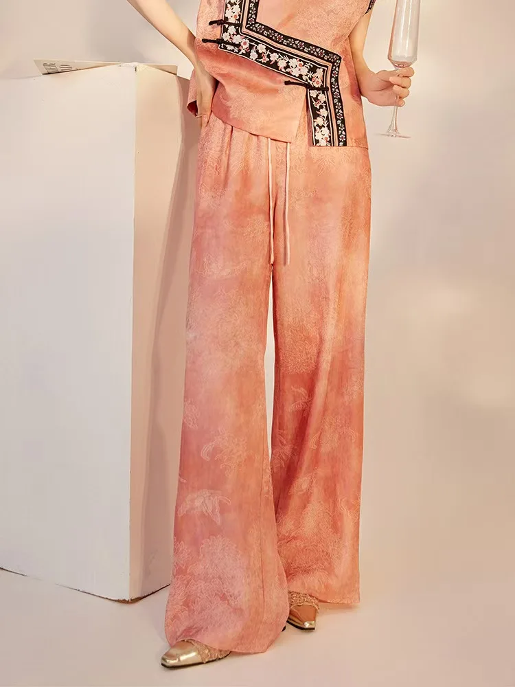 Chinese Style Ladies Embroidery Premium Silk Wide Leg Pants Vintage China New Design Silk Embroidery Craft Pants Women