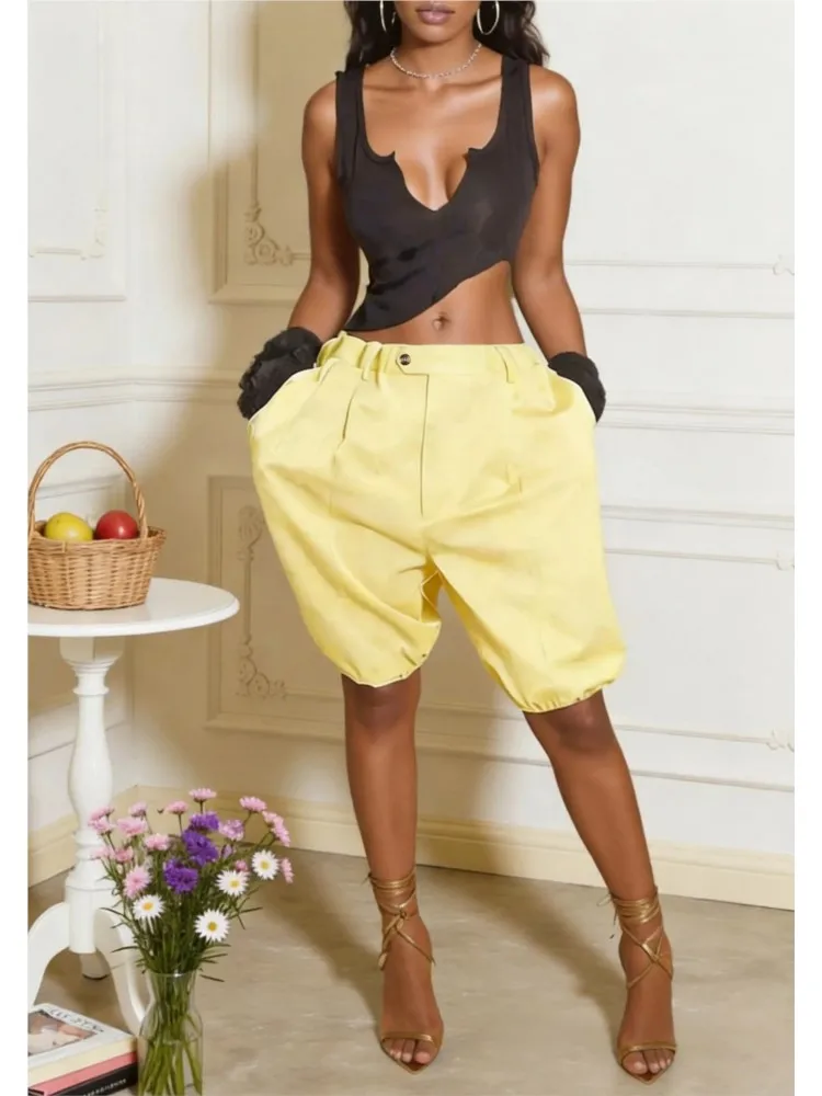 Women High Waist Balloon Shorts Elastic Waist Button Ruched Cuff Knee Length Loose Shorts Elegant Streetwear Casual Bottoms