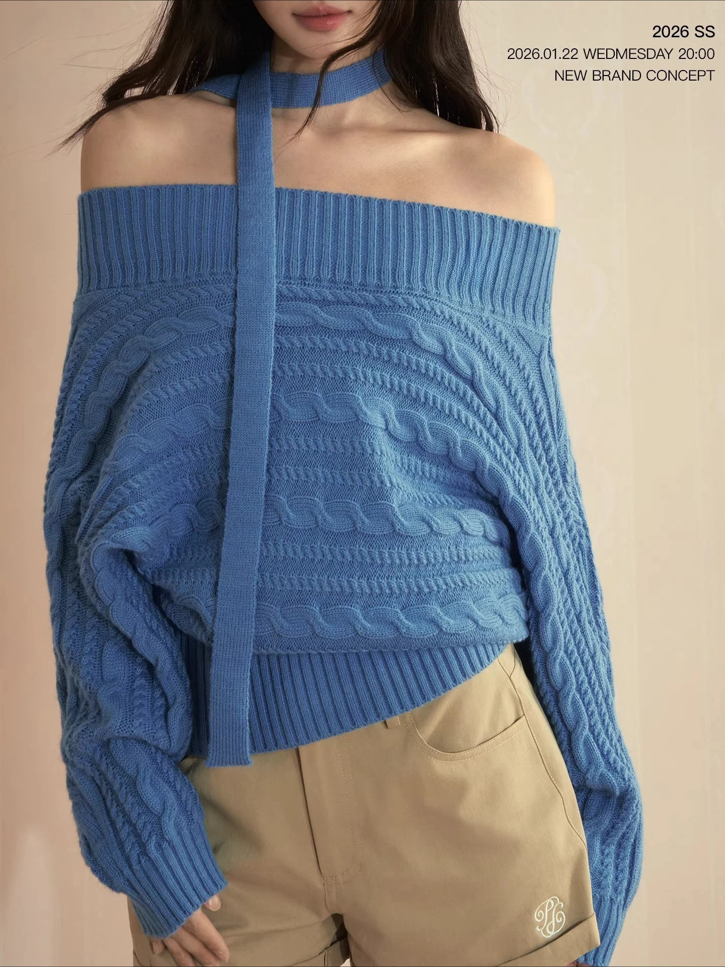 

2026 New Off-Shoulder Loose Outerwear Sweater Retro Easiest for Match Long Sleeves Pure Color Lace-up Knitting Pullover