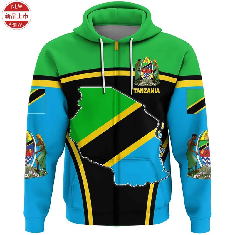 3D Printing Tanzania Coat Of Arms Zip Up Hoodies The United Republic-of Tanzania Flag Map Graphic Zipper Pullovers Mens Clothing