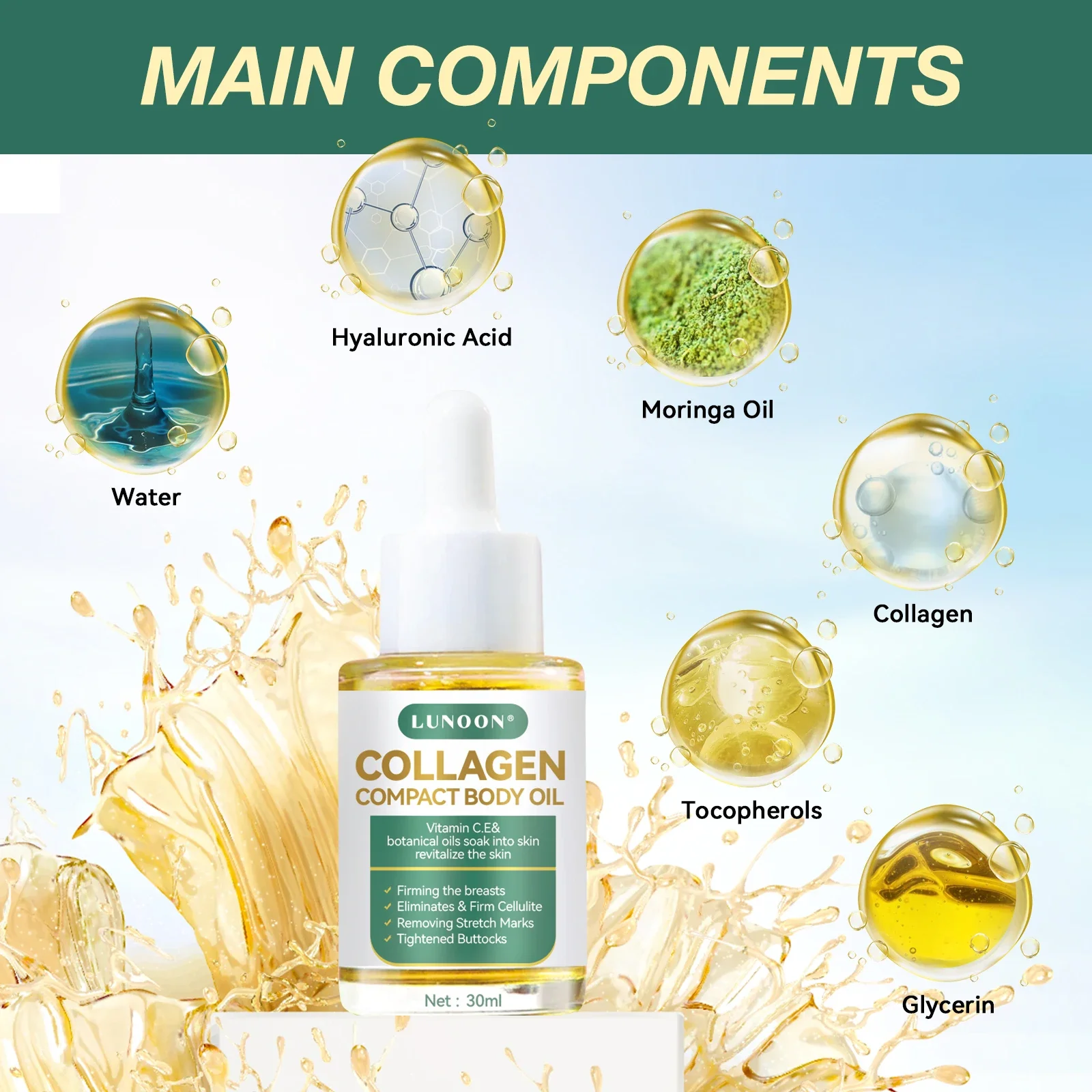 Kompaktowy olejek do ciała z kolagenem, redukuje zmarszczki i rozstępy, powiększa objętość skóry na biuście i pośladkach, równoważy hormony, pielęgnacja skóry dla kobiet.