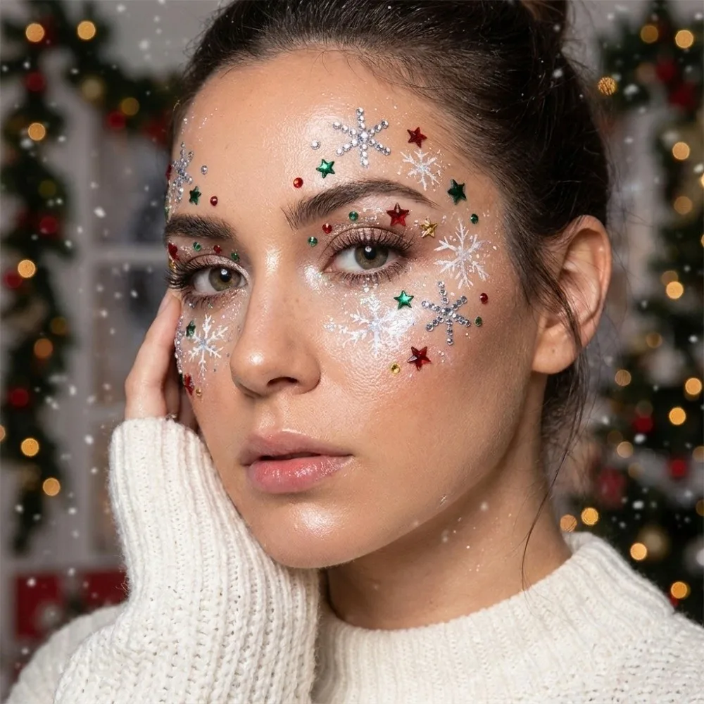 4Pcs Self-Adhesive Christmas Face Gem Sticker Set Red Green Silvery Xmas Tree Rhinestone Eye Body Decals Multi-Color Snowflake