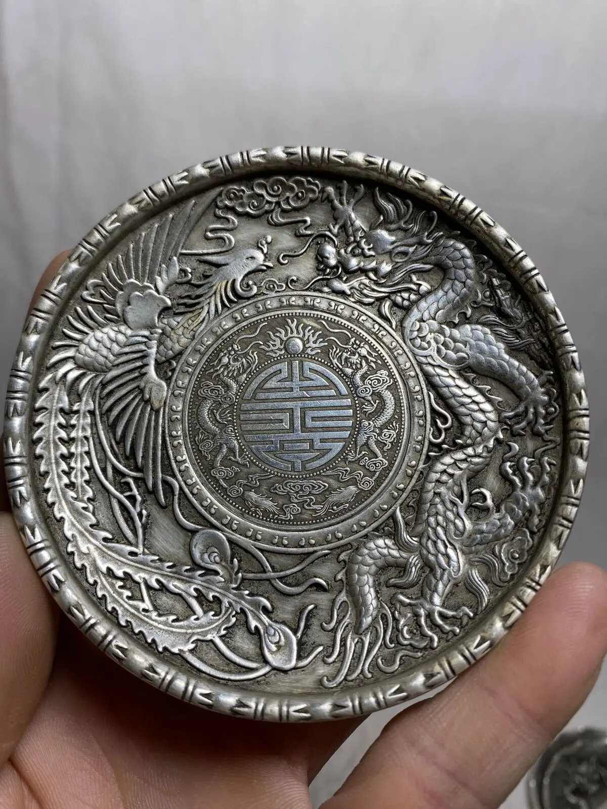 

Rare one piece collect tibet silver copper handcarved dragon Phoenix plate