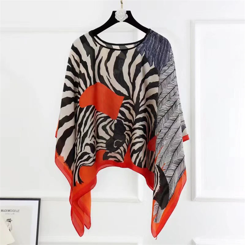 110Cm Square Shawls Summer Beach Sexy Women Fashion Print Silk Smock View Cover Up Loose Blouse Sunscreen Comfortable Poor Nchoh