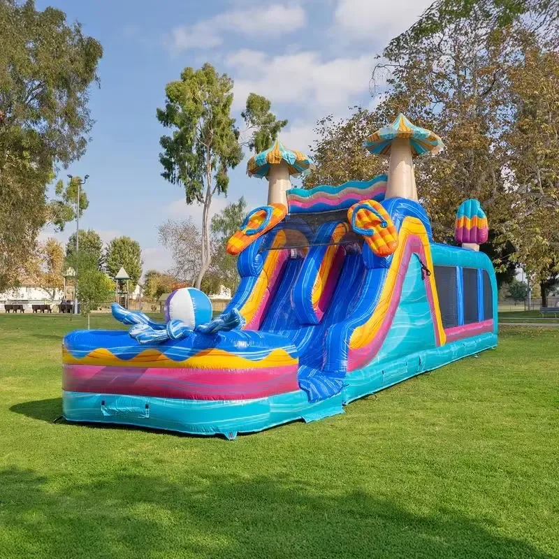 Tropical Dual Lane Commercial Inflatable Water Slide with Obstacle Course for Outdoor Party Rental