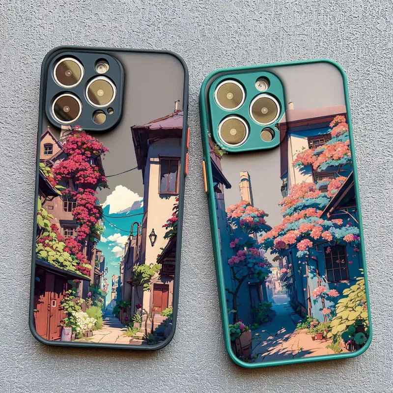 Japanese Aesthetic City Street Scenery Phone Case For iPhone 16 13 12 Pro Max Mini 11 14 Pro Max 15 7 8 Plus SE XS X XR Cover