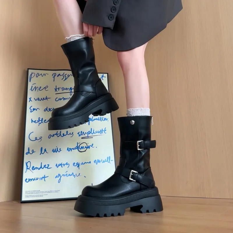 

2025 New Mid-calf Boots Women Back Zipper Thick Sole Autumn Shoes Fashion Buckle Block Heel Outdoors Casual Leather Boots
