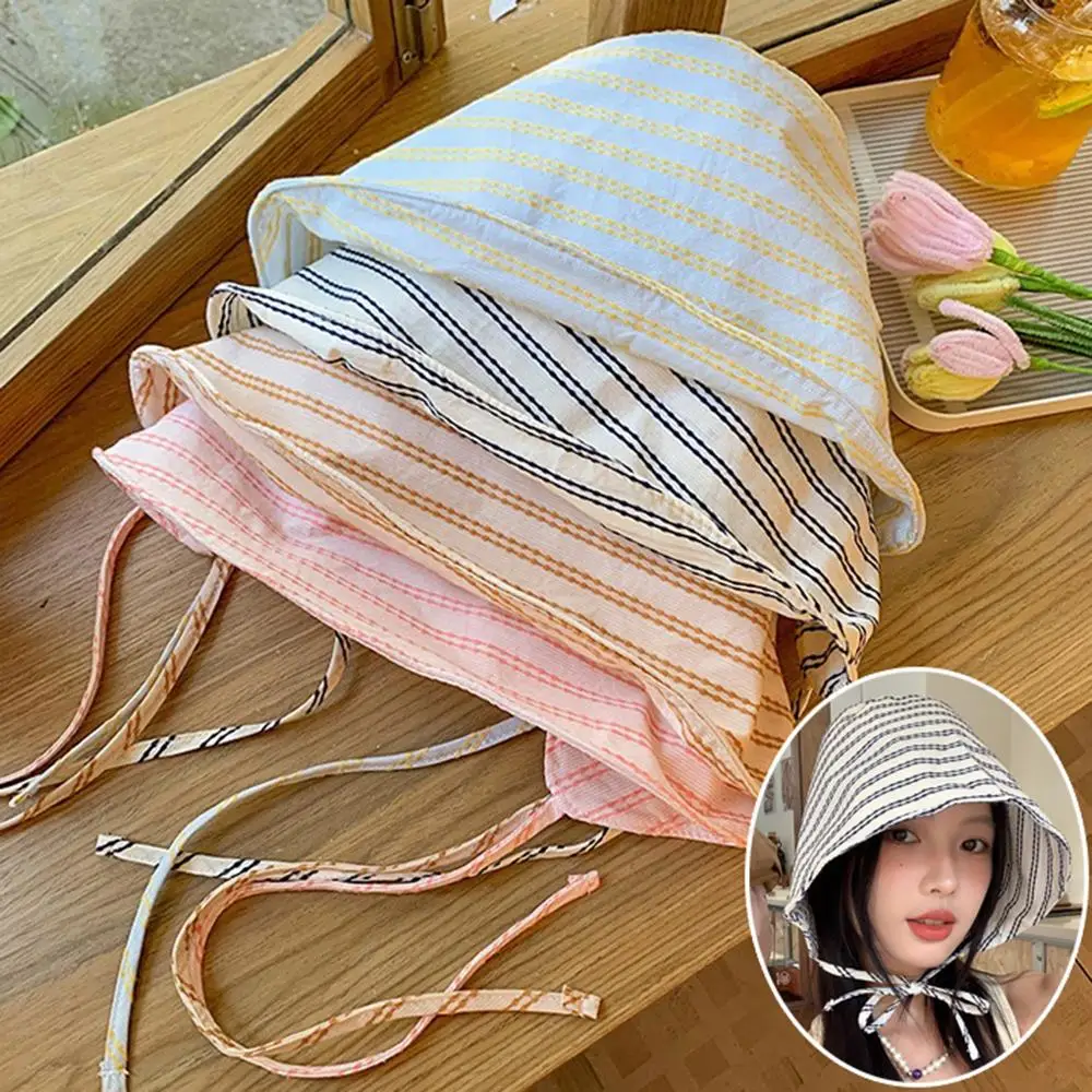 

New Wide Brim Bucket Hat Sun Protection Summer Outdoor Fisherman Hat Stripe Face Cover Buet Hat Lace-up Women Panama Caps