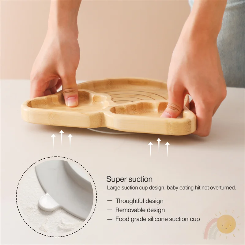 Baby Wooden Tableware Set Wooden Handle Fork Spoon Could Bamboo Wooden Plate Bowl Silicone Suction for Children Feeding Supplies