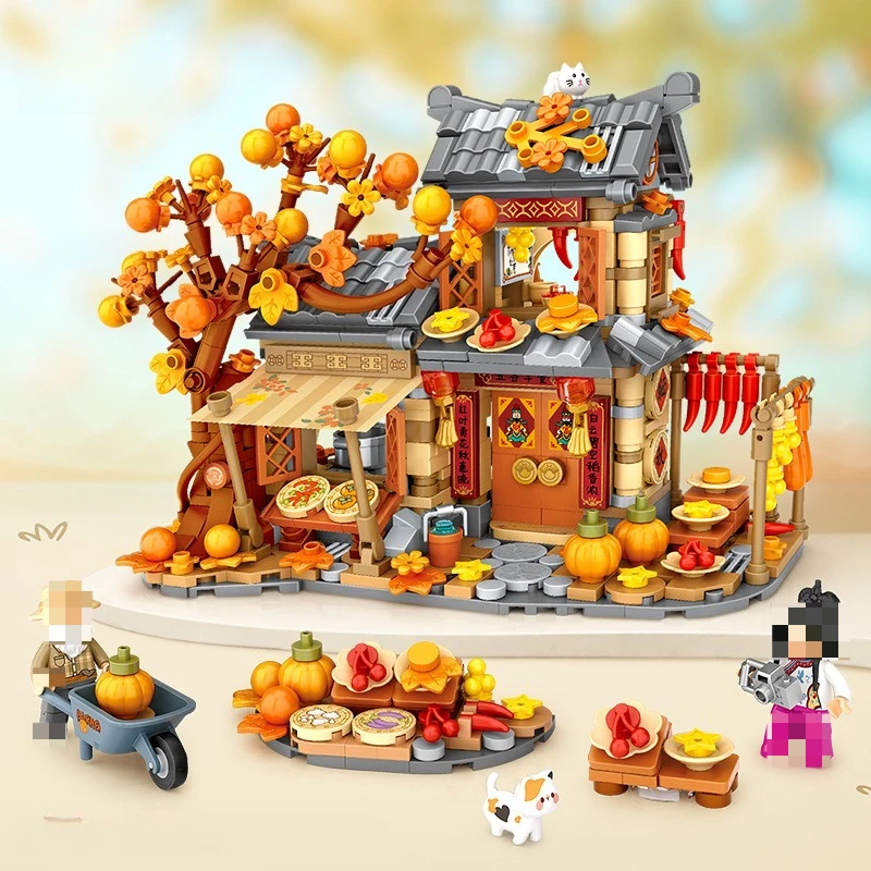 Mini outono fazenda pátio modelo blocos de construção moc vista natal casa montagem arquitetônica brinquedos tijolos presentes do feriado