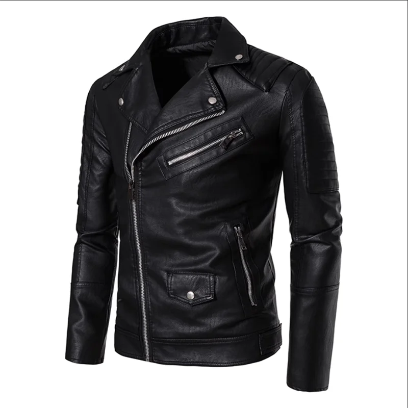 

2023 New Men's Motorcycle Jacket Black / khaki Unique Design Oblique Zipper Leather Coats Men High Street Casual Top