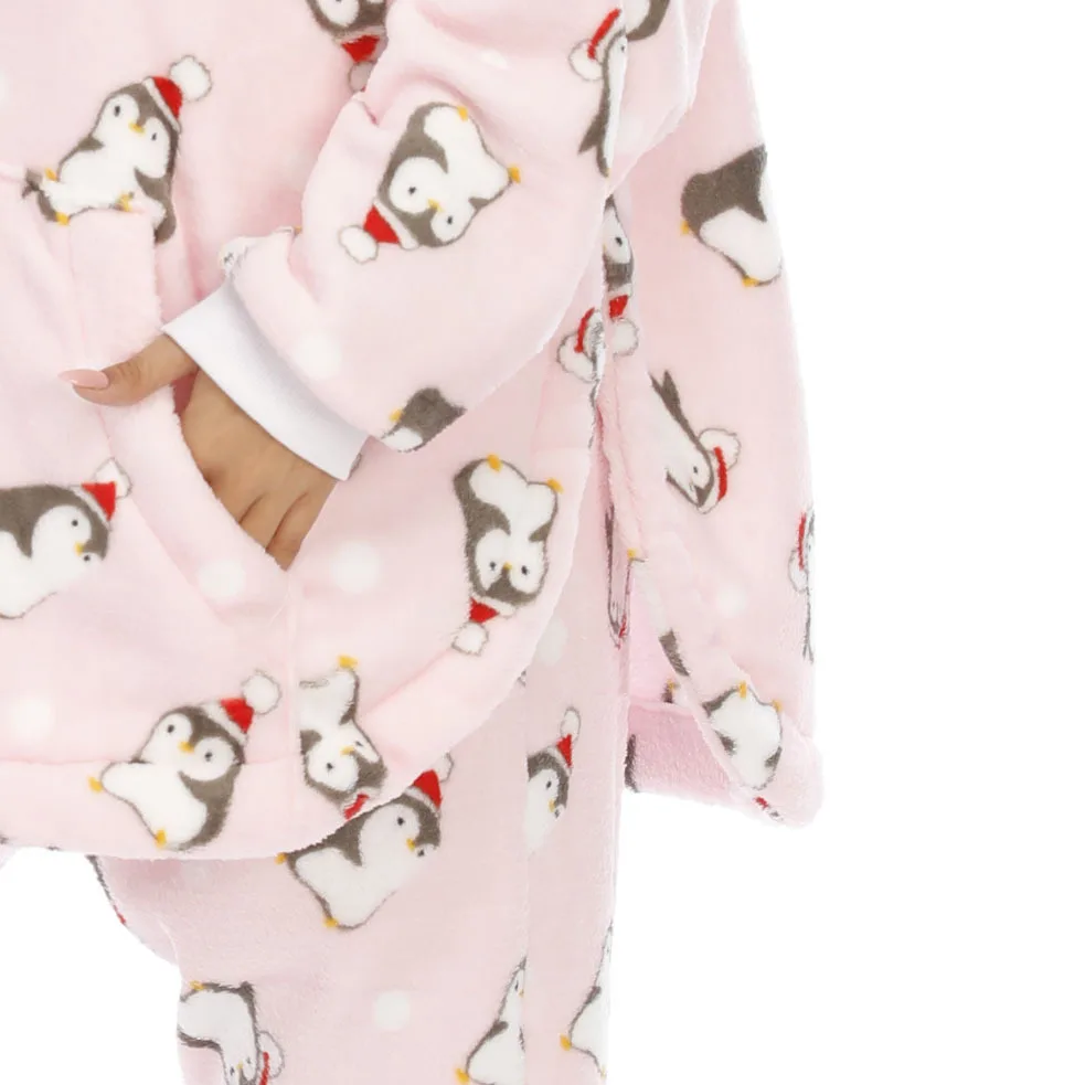 Autumn Winter Flannel Pajamas for Women Cute Pink Print Penguin Cartoon Sleepwear Pijamas Suit Loose Thickened Fleece Home Wear