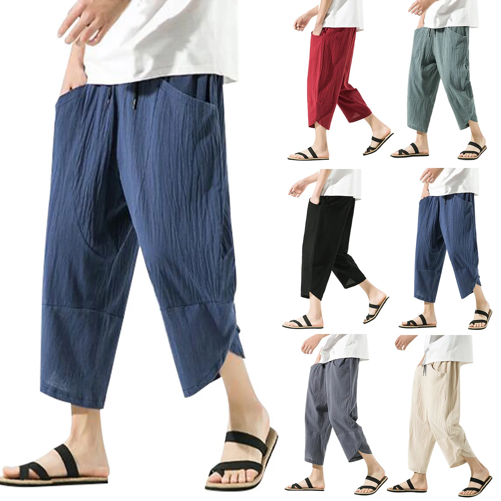 

Summer Men's Pants Chinese Style Cotton Linen Harem Pants Men Breathable Beach Pants Casual Calf-Lenght Trousers Streetwear