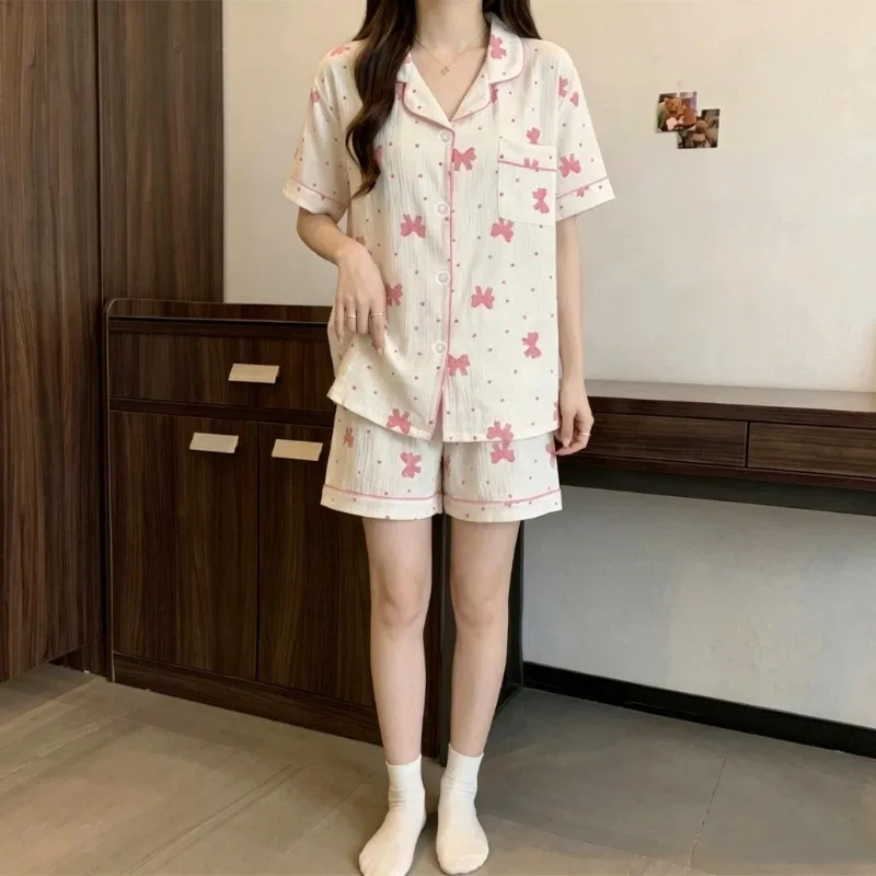 Pink Bow Heart Print Pajamas Set 2 Piece Sweet Korean Style Women's Sleepwear Homewear Summer New Loungewear Lapel Neck Casual