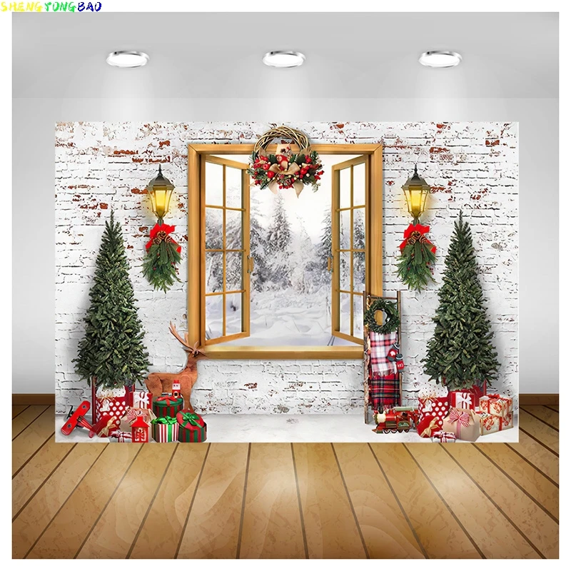 Vinyl Custom Christmas Tree Window Wreath Photography Backdrop Wooden Doors Snowman Cinema Pine New Year Background Prop TNB-02