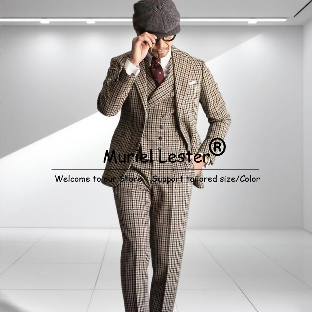 

Мужской модный клетчатый деловой костюм с узором «гусиные лапки», приталенный однобортный пиджак, жилет, брюки, комплект из трех предметов, свадебный смокинг для жениха, наряды