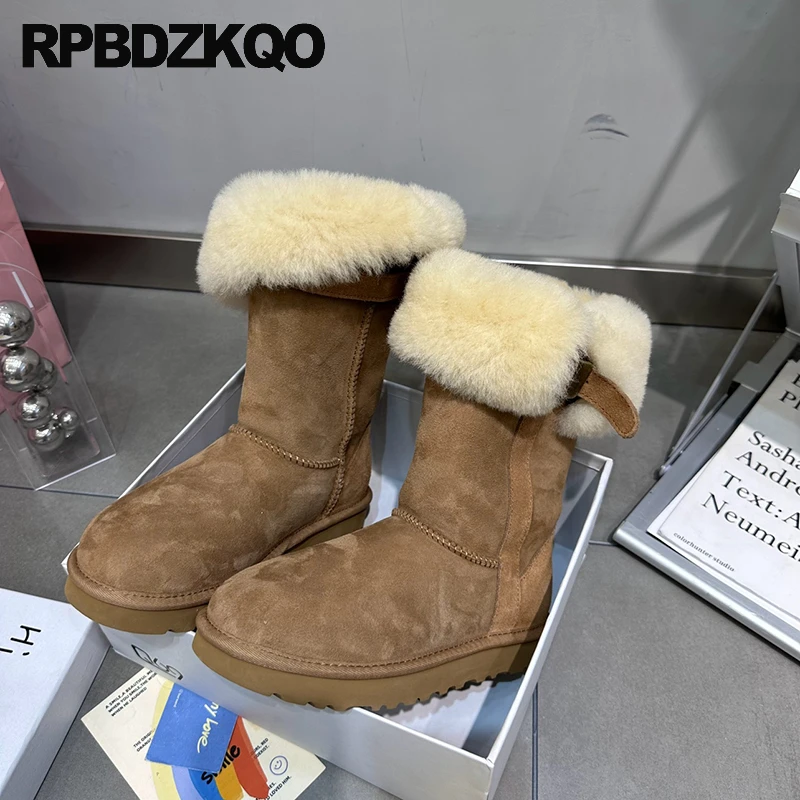 Turned Over Edge Fur Real Leather Fuzzy Round Toe Flats Slip On Women Nubuck Fluffy Mid Calf Snowboots Snow Boots Belts Shoes