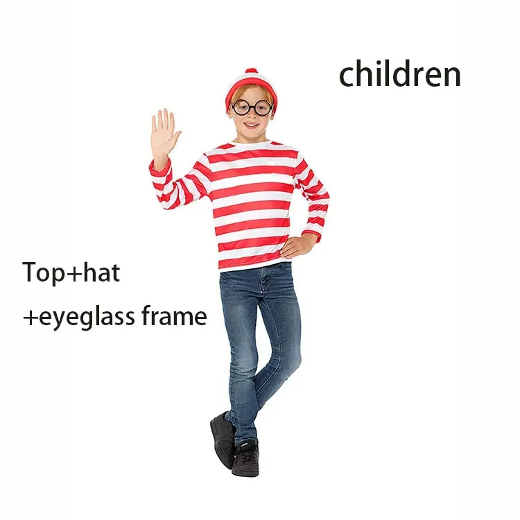 Аниме Smart Wally, костюм для косплея Where's Wally, костюм д'Хэллоуина, для родителей, детей, в наличии