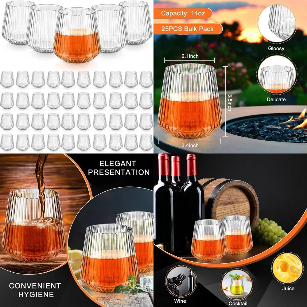 

50 Pack 14oz Clear Ribbed Plastic Wine Glasses - Recyclable, Shatterproof, Reusable for Parties, Home, Weddings