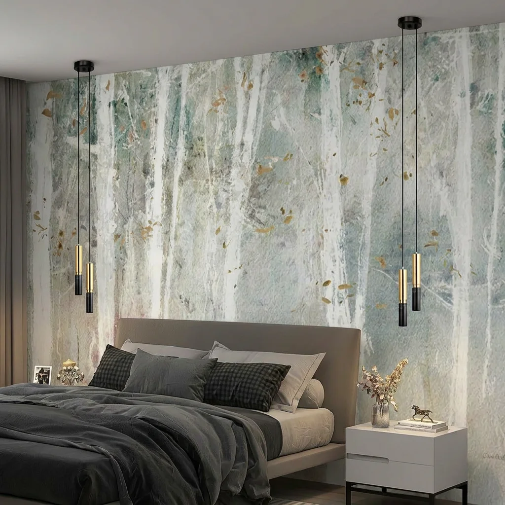 Watercolor art style birch tree trunks, artistic accent for bedroom headboard background wall, self-adhesive material.