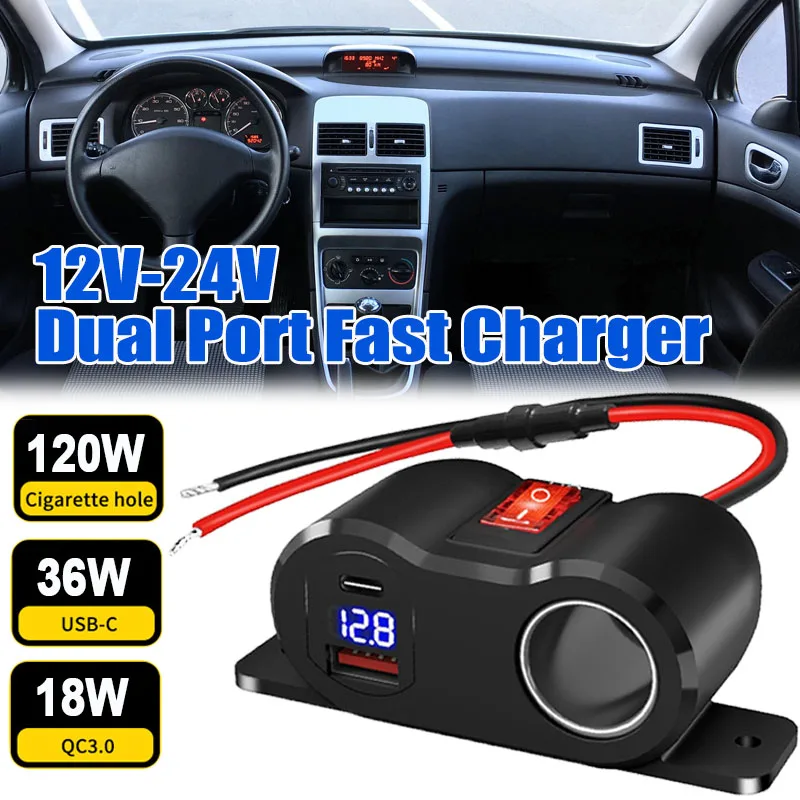 Car Phone Charger Adapter PD QC3.0 Socket 120W Cigarette Lighter Power Adapter Fast Charging 12/24V with Voltmeter On/off Switch