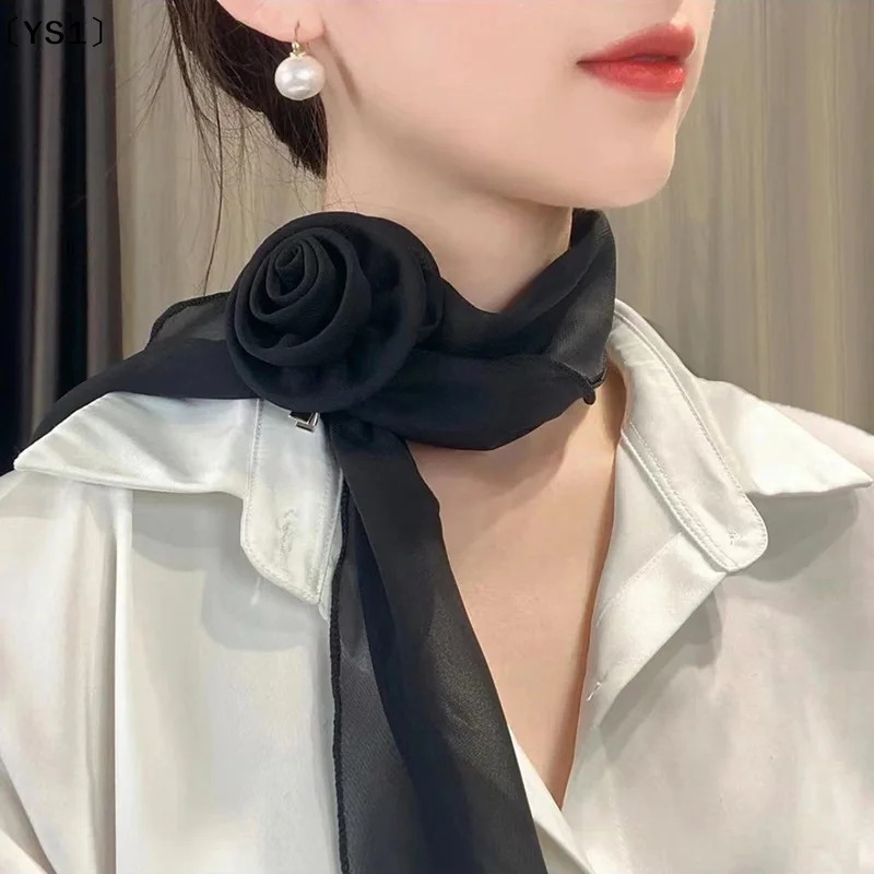 

〔YS1〕Fashion Rose Flower Silk Scarf Versatile Soft Neckerchief For Women Girls Temperament Long Ribbon Tie Office Gifts