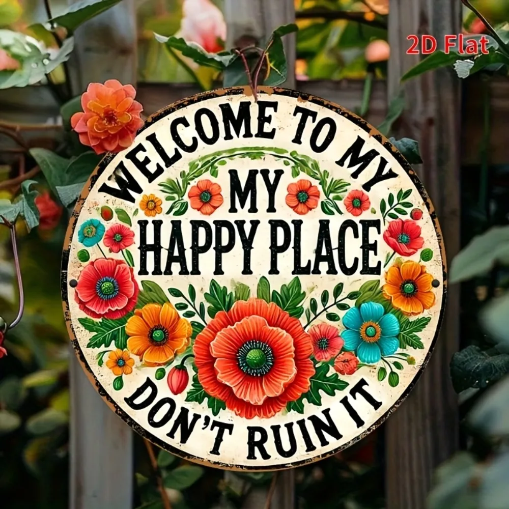 ديكور الغرفة "مرحبًا بكم في مكان سعيد" لافتة فنية جدارية حديدية مقاومة للماء، ديكور منزلي معدني بتصميم زهور للمقهى وغرفة النوم #1
