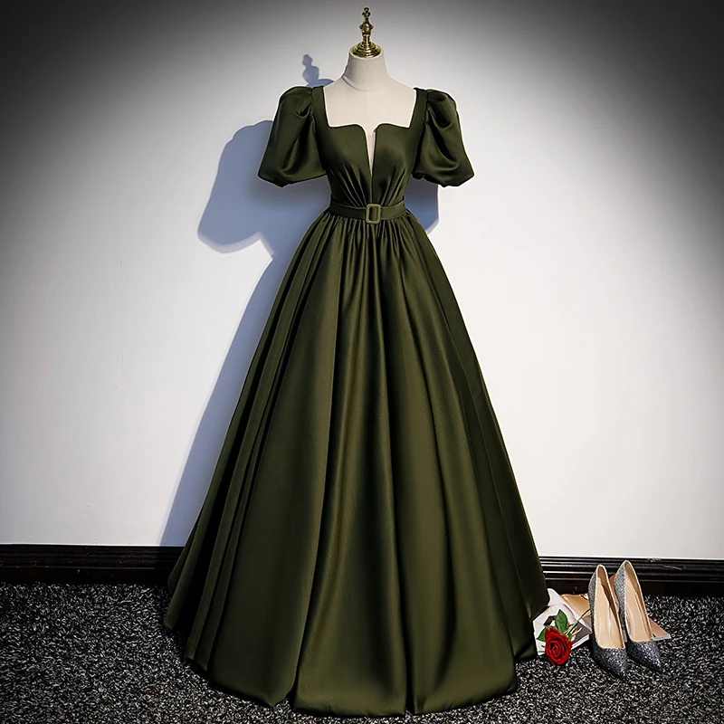 

Evening Dress Dark Green Satin Square Collar Short Puff Sleeves Pleat A-line Floor Length Plus Size Party Dresses Women B2320