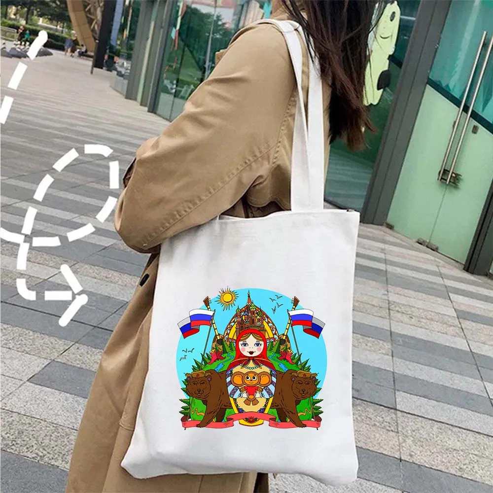 Russian Doll Girl Matryoshka Bear Folk Flower Travel Moscow Kremlin Russia Flag Harajuku Shopper Canvas Tote Bag Fashion Handbag