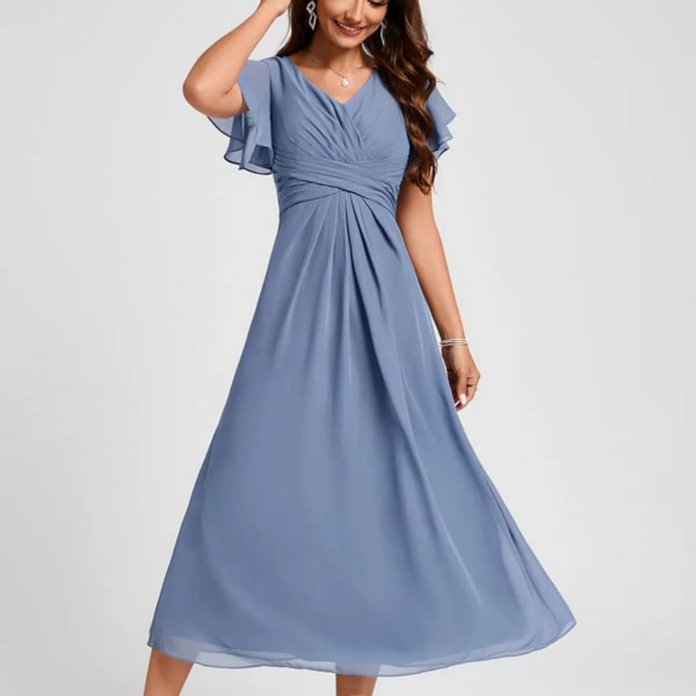 Elegant Women Gowns Short Sleeves V Neck Dress A Line Mid Calf Length Simple Mother Dresses Robes Invitée Mariage 2024