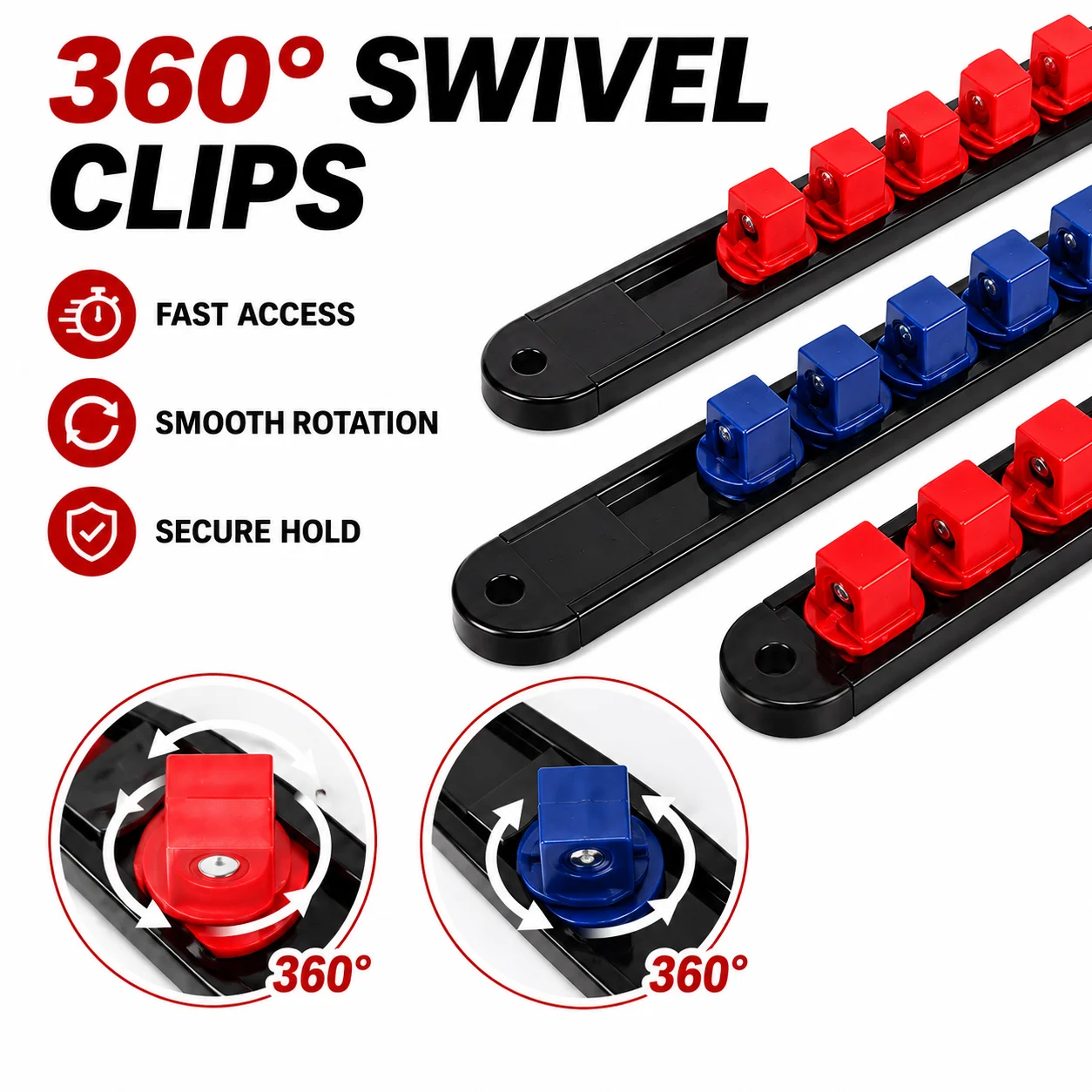 Premium Quality 360° Swivel ABS Socket Organizer Holder 1/4' 3/8' 1/2' Socket Clip Rail Tools Blue & Red